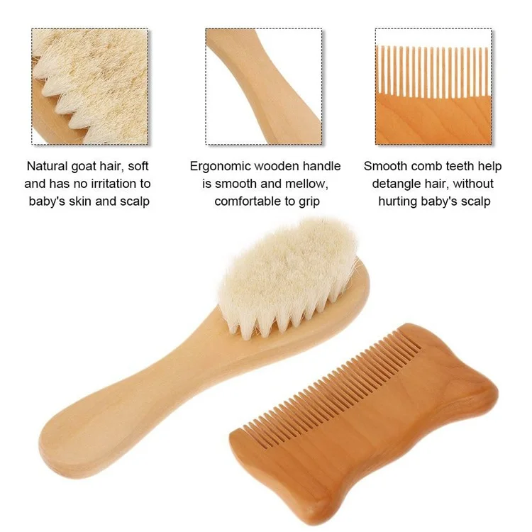 Set piccolo spazzola in lana per bambini e pettine in legno a forma di orecchie di gatto con setole morbide per massaggio cuoio capelluto di neonati / lattanti / bambini piccoli