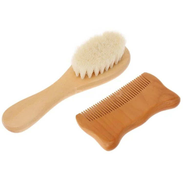 Set piccolo spazzola in lana per bambini e pettine in legno a forma di orecchie di gatto con setole morbide per massaggio cuoio capelluto di neonati / lattanti / bambini piccoli