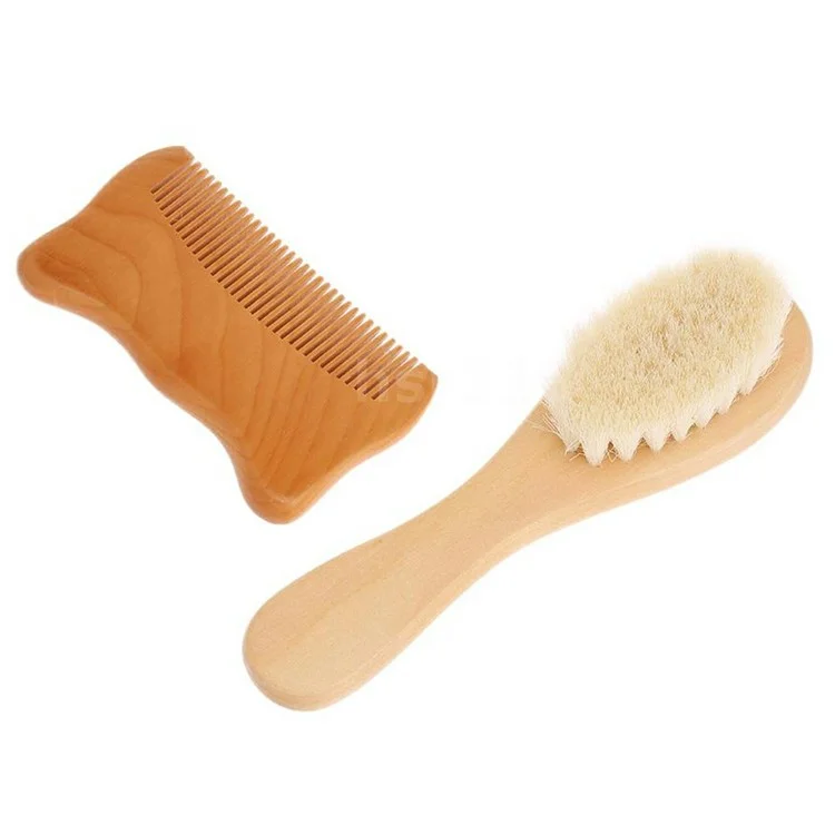 Set piccolo spazzola in lana per bambini e pettine in legno a forma di orecchie di gatto con setole morbide per massaggio cuoio capelluto di neonati / lattanti / bambini piccoli