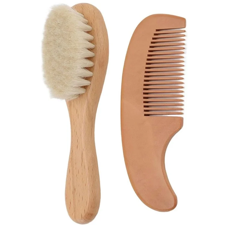 Set di spazzola e pettine in lana per neonati con setole di pelo di capra per massaggio delicato del cuoio capelluto