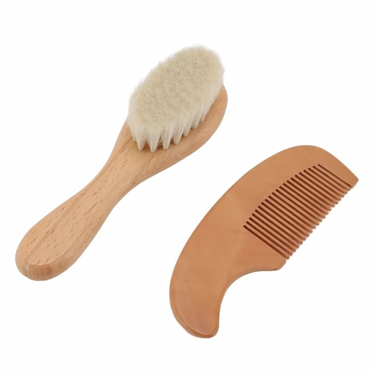 Set di spazzola e pettine in lana per neonati con setole di pelo di capra per massaggio delicato del cuoio capelluto