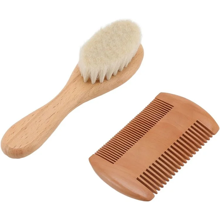 Petit ensemble de brosse à laine pour bébé et peigne double face en poils de chèvre naturels doux pour massage du cuir chevelu