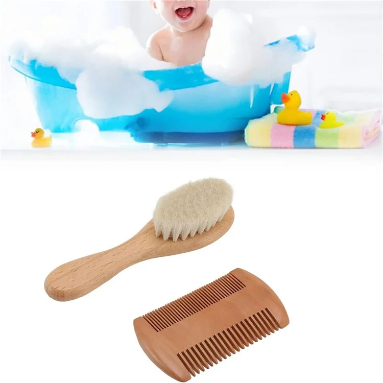 Petit ensemble de brosse à laine pour bébé et peigne double face en poils de chèvre naturels doux pour massage du cuir chevelu