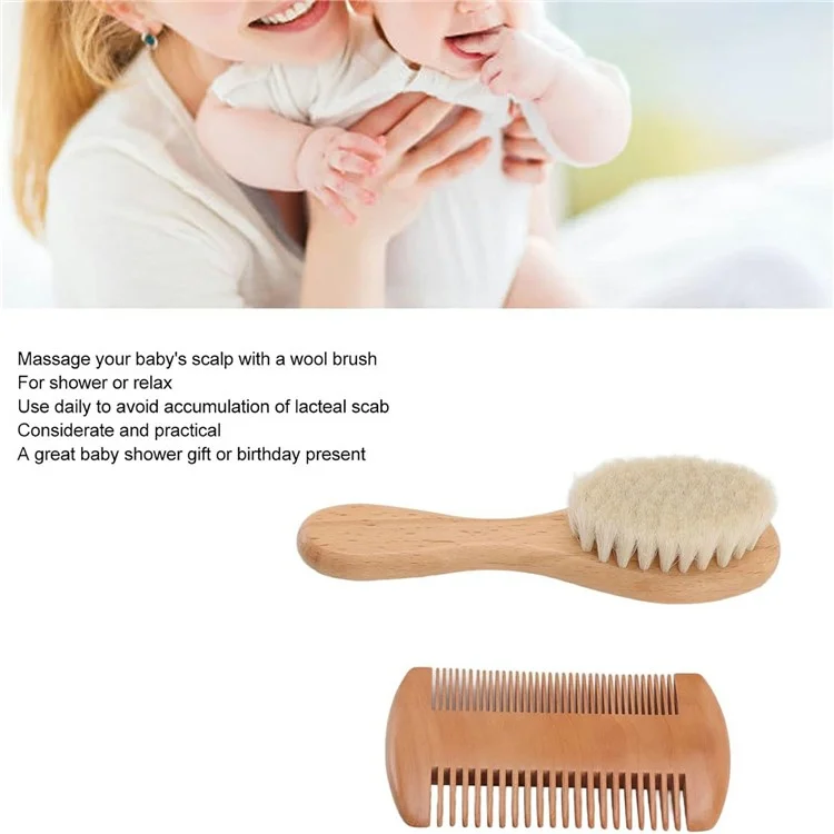 Petit ensemble de brosse à laine pour bébé et peigne double face en poils de chèvre naturels doux pour massage du cuir chevelu