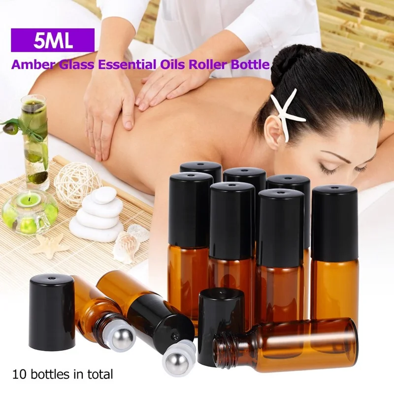 10 Stück 5ml Ätherische Öle Rollerflasche Edelstahl Roller Bernsteinglas Behälter mit Tropfer