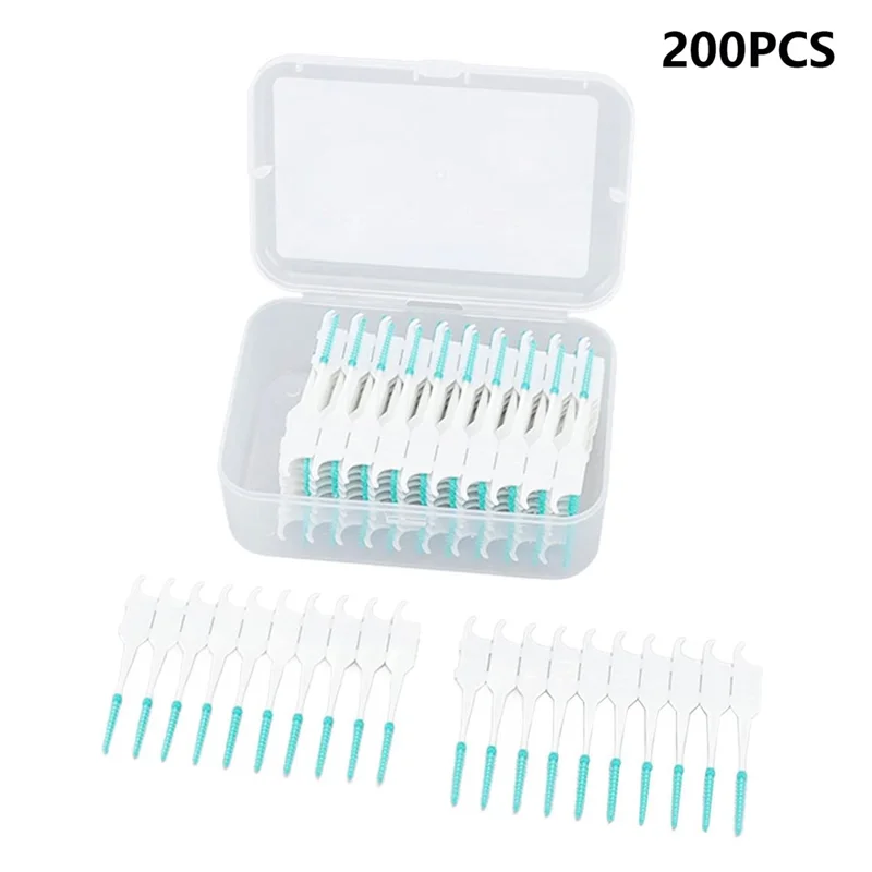 200 Uds Palillos Interdentales de Silicona Hilo Dental Cepillos Portátiles para Viaje / Casa - Verde