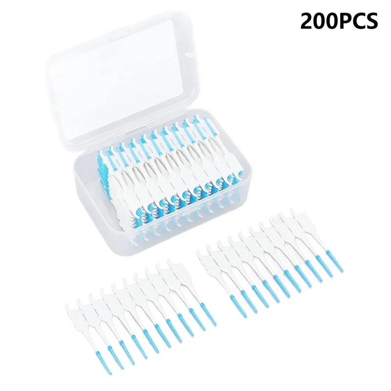 200Pcs Silicone Toothpicks Interdental Brushes Floss Picks Oral Care Portable for Travel / Home - Blue