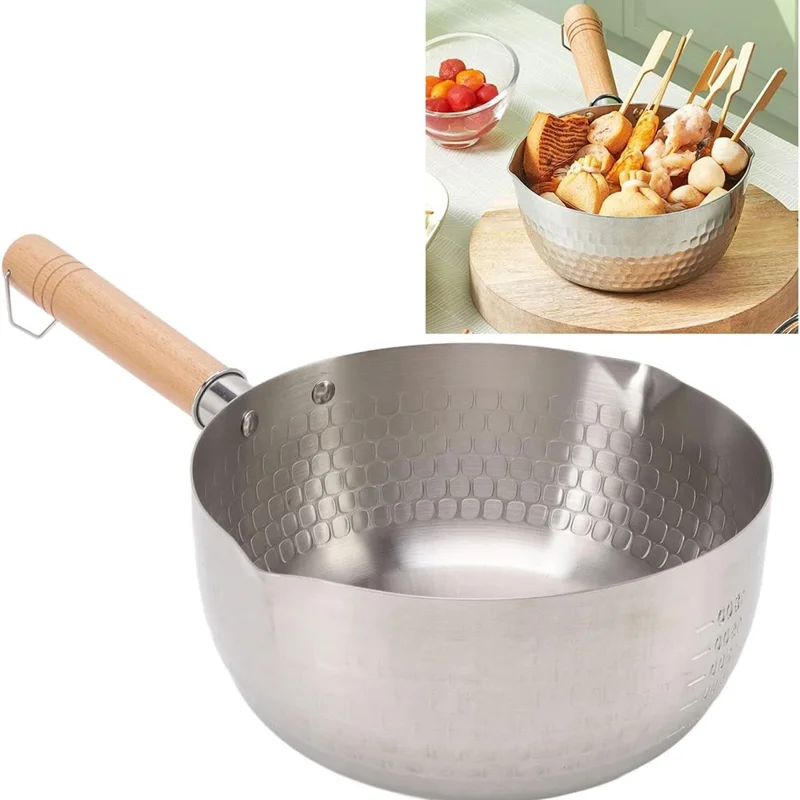 Casserole japonaise en acier inoxydable de 20 cm de diamètre avec manche en bois, pour lait et soupe, sans couvercle (Sans BPA, Non FDA)