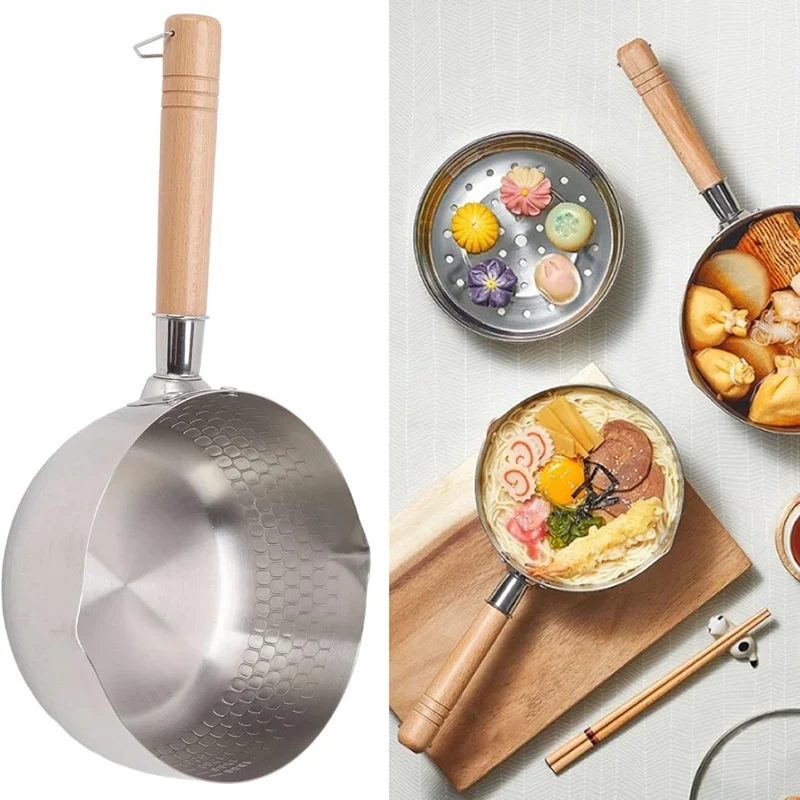 Casserole japonaise en acier inoxydable de 20 cm de diamètre avec manche en bois, pour lait et soupe, sans couvercle (Sans BPA, Non FDA)