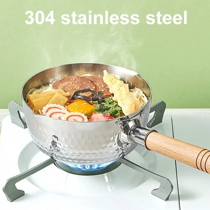 Casserole japonaise en acier inoxydable de 20 cm de diamètre avec manche en bois, pour lait et soupe, sans couvercle (Sans BPA, Non FDA)