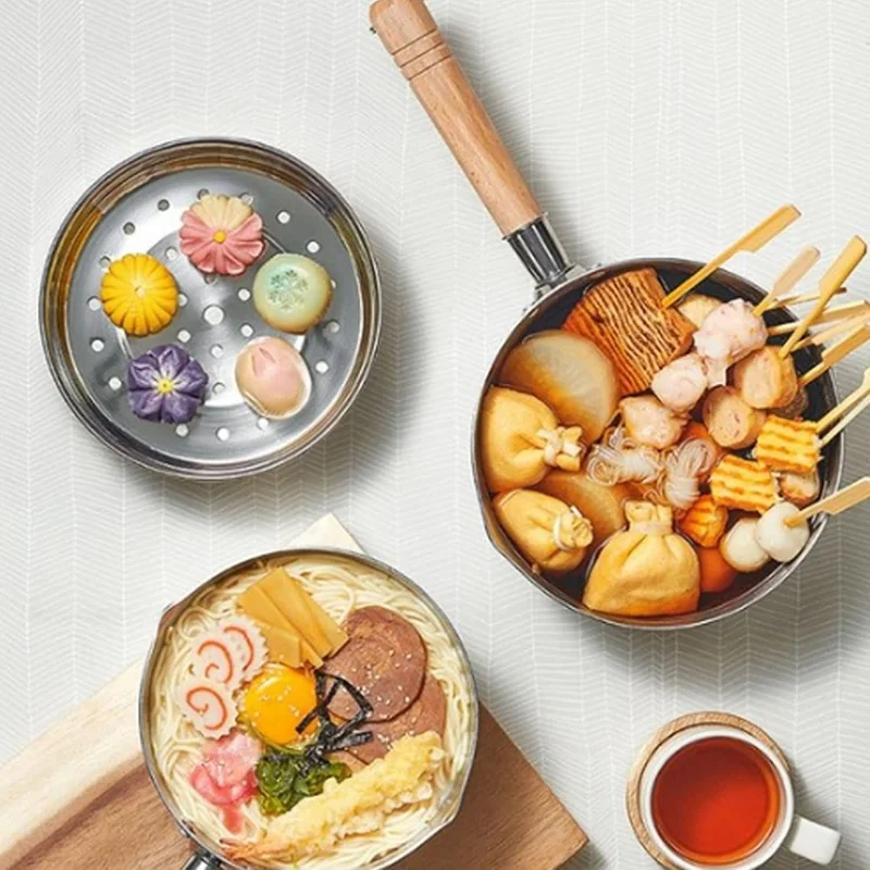 Casserole japonaise en acier inoxydable de 20 cm de diamètre avec manche en bois, pour lait et soupe, sans couvercle (Sans BPA, Non FDA)