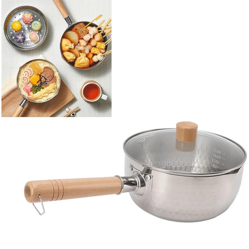 Pentola giapponese in acciaio inossidabile con coperchio e manico in legno per latte e minestre, Diametro: 20 cm (Privo di BPA, Non FDA)