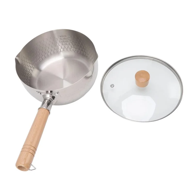Pentola giapponese in acciaio inossidabile con coperchio e manico in legno per latte e minestre, Diametro: 20 cm (Privo di BPA, Non FDA)