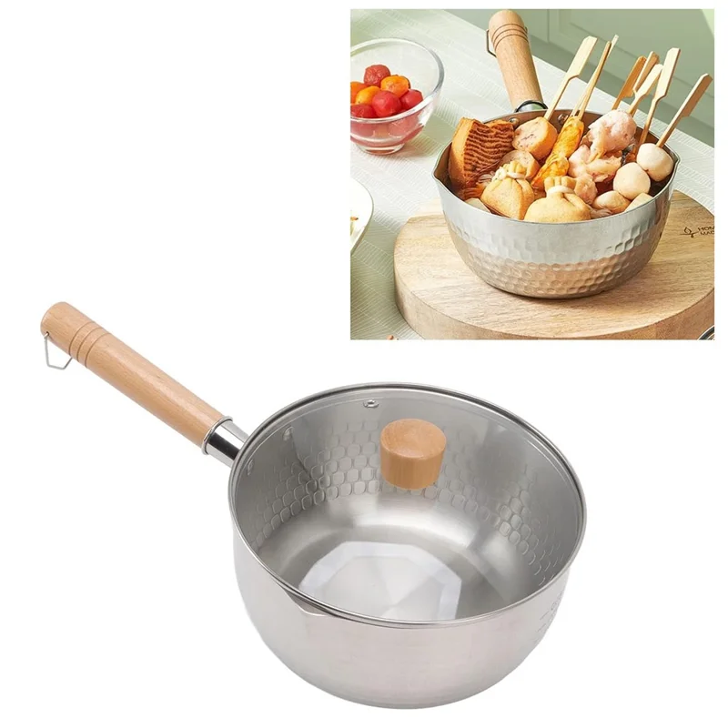 Pentola giapponese in acciaio inossidabile con coperchio e manico in legno per latte e minestre, Diametro: 20 cm (Privo di BPA, Non FDA)