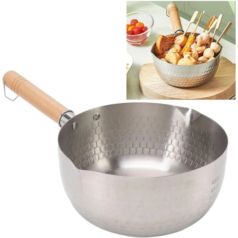 Pentola giapponese in acciaio inossidabile con coperchio e manico in legno per latte e minestre, Diametro: 20 cm (Privo di BPA, Non FDA)