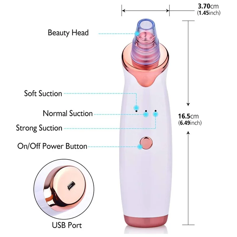 Limpador de Poros USB Recarregável com 3 Níveis de Sucção e Extrator de Cravos com 5 Cabeças para Cuidados com a Pele