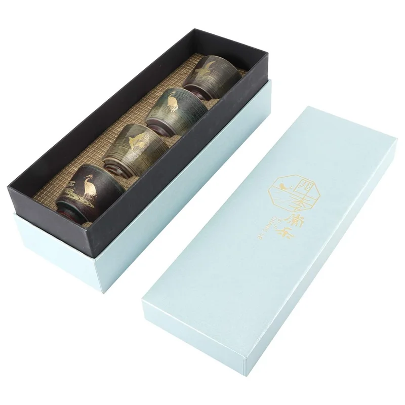 Conjunto de 4 Peças de Copos de Chá Kung Fu com Padrão de Guindaste Artesanal, Copos de Cerâmica para Cerimônia do Chá Tradicional Chinesa