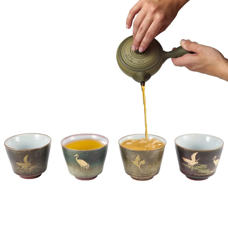 Conjunto de 4 Peças de Copos de Chá Kung Fu com Padrão de Guindaste Artesanal, Copos de Cerâmica para Cerimônia do Chá Tradicional Chinesa