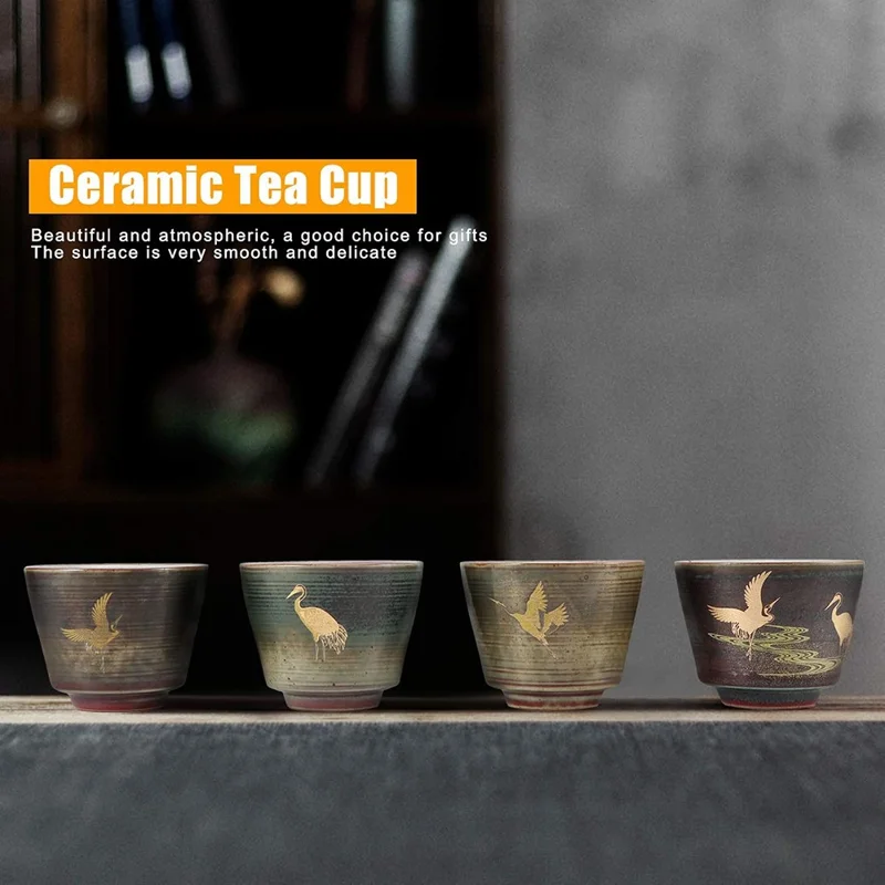 Conjunto de 4 Peças de Copos de Chá Kung Fu com Padrão de Guindaste Artesanal, Copos de Cerâmica para Cerimônia do Chá Tradicional Chinesa