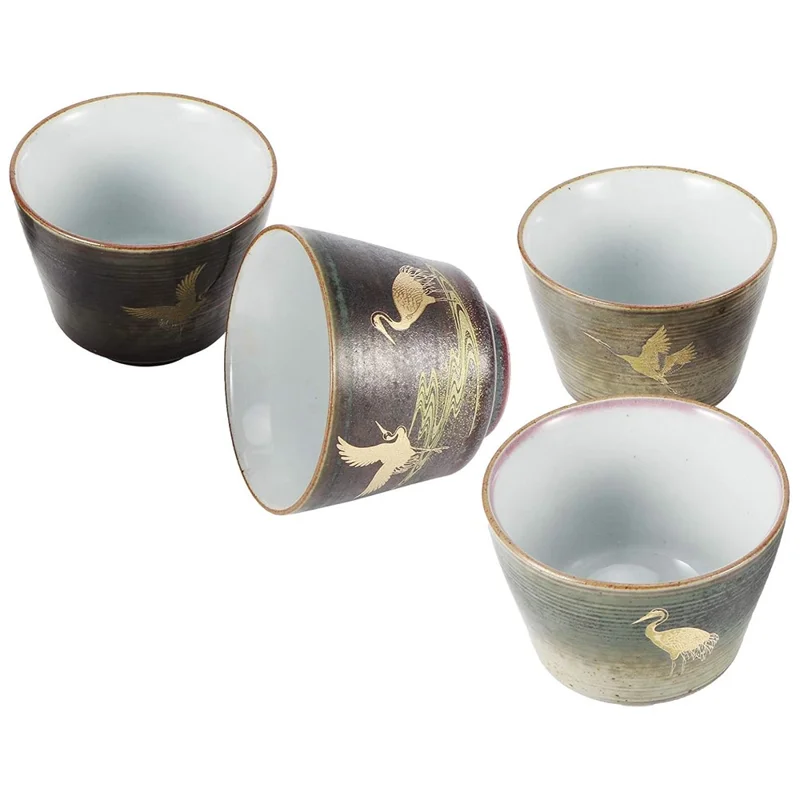 Conjunto de 4 Peças de Copos de Chá Kung Fu com Padrão de Guindaste Artesanal, Copos de Cerâmica para Cerimônia do Chá Tradicional Chinesa