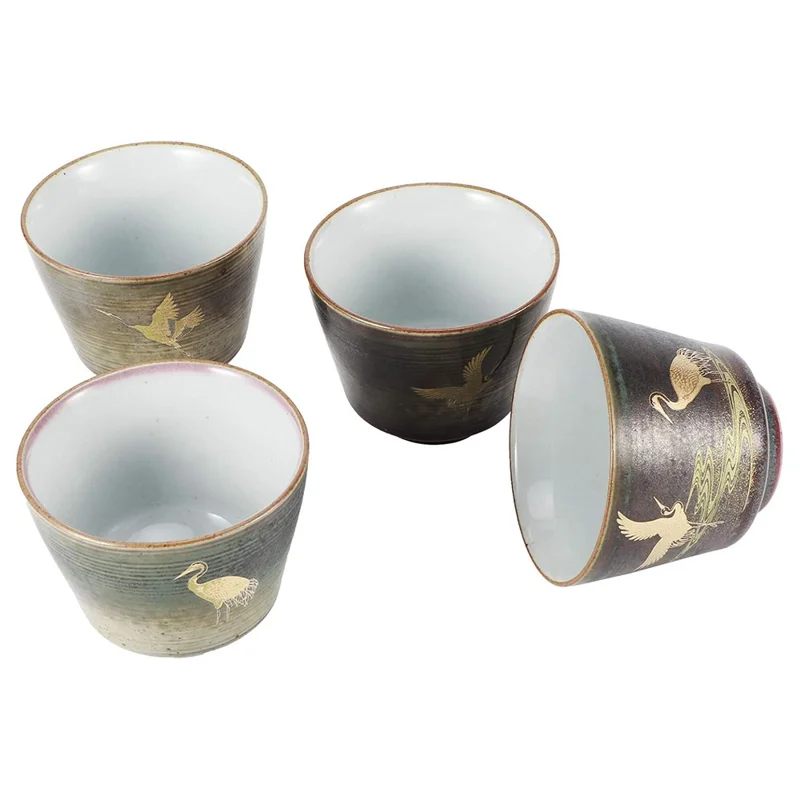 Conjunto de 4 Peças de Copos de Chá Kung Fu com Padrão de Guindaste Artesanal, Copos de Cerâmica para Cerimônia do Chá Tradicional Chinesa