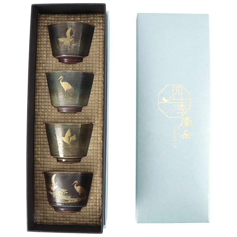 Conjunto de 4 Peças de Copos de Chá Kung Fu com Padrão de Guindaste Artesanal, Copos de Cerâmica para Cerimônia do Chá Tradicional Chinesa