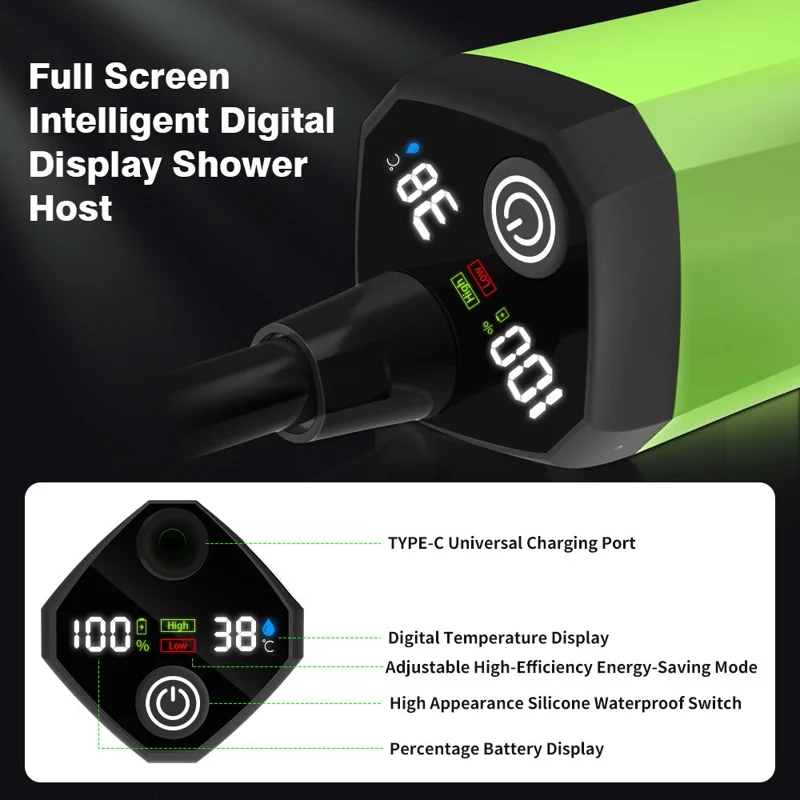 Портативный цифровой душ для кемпинга с USB-зарядкой для уличного путешествия - Зеленый