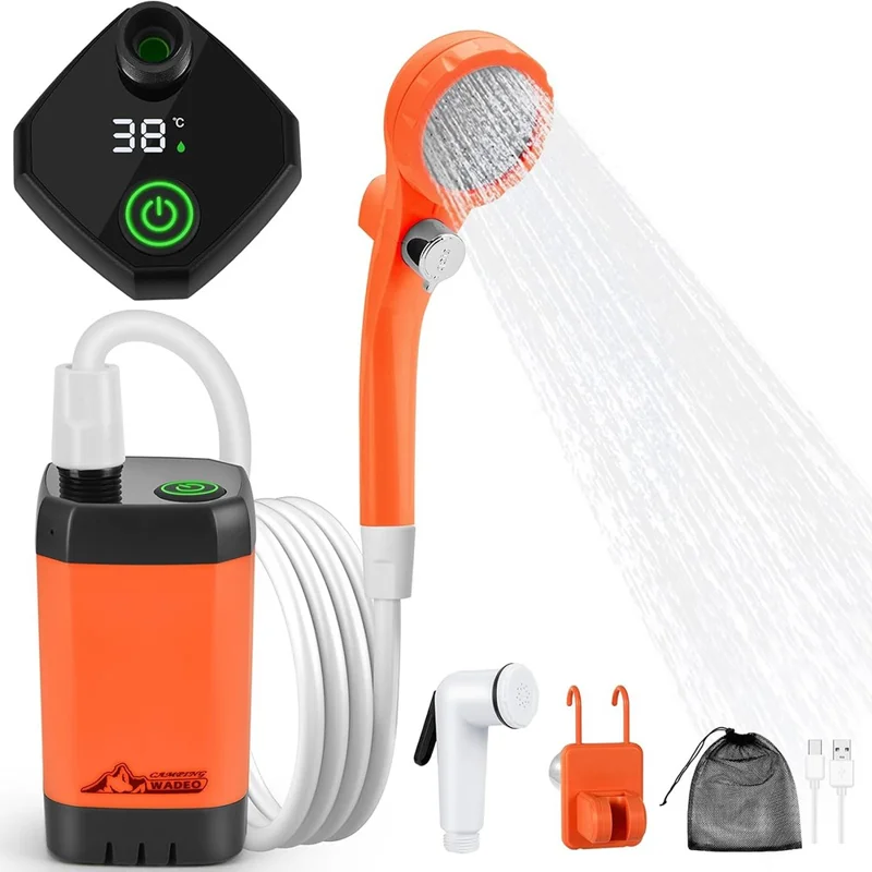 Douche de camping portable avec écran numérique, rechargeable par USB pour voyage en extérieur - Orange