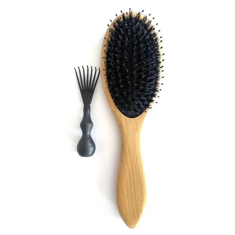 Escova de Massagem com Almofada de Ar Portátil, Cerdas de Javali para Desembaraçar Cabelo com Cabo de Bambu