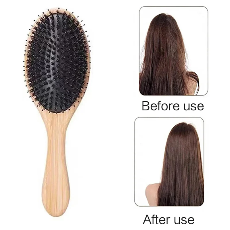Escova de Massagem com Almofada de Ar Portátil, Cerdas de Javali para Desembaraçar Cabelo com Cabo de Bambu