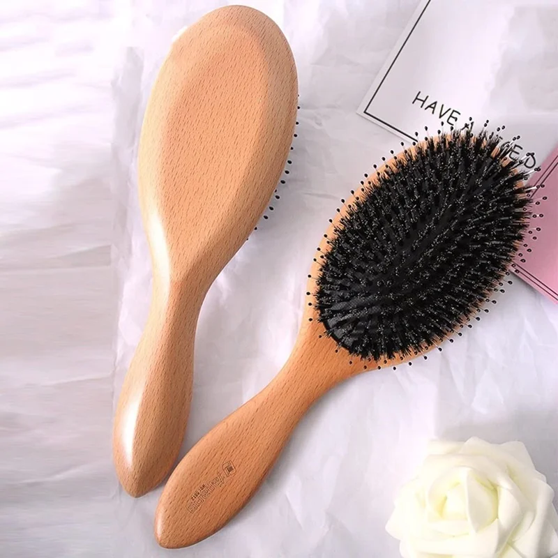 Escova de Massagem com Almofada de Ar Portátil, Cerdas de Javali para Desembaraçar Cabelo com Cabo de Bambu