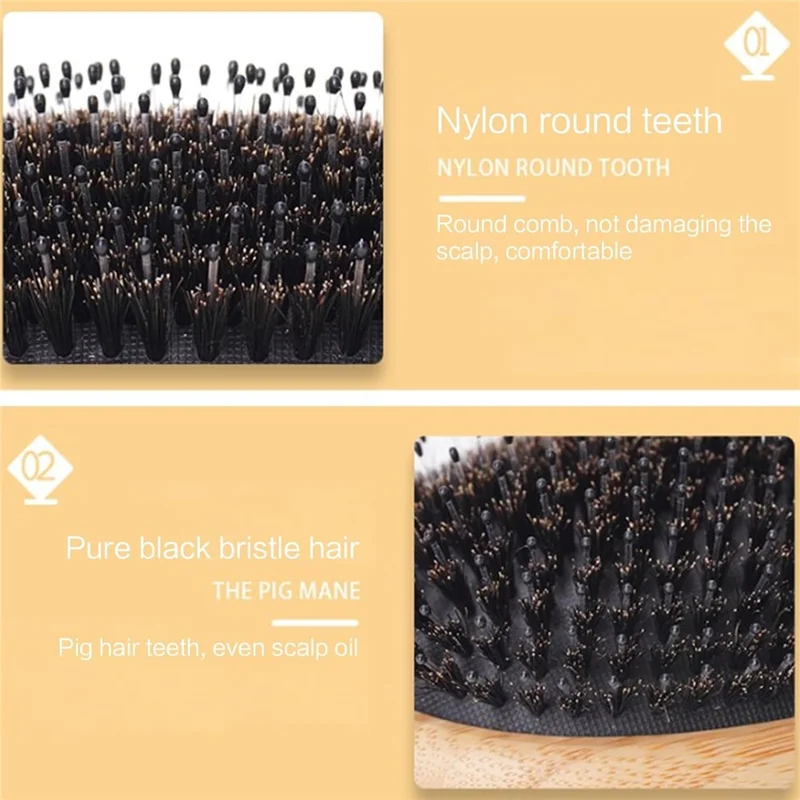 Escova de Massagem com Almofada de Ar Portátil, Cerdas de Javali para Desembaraçar Cabelo com Cabo de Bambu