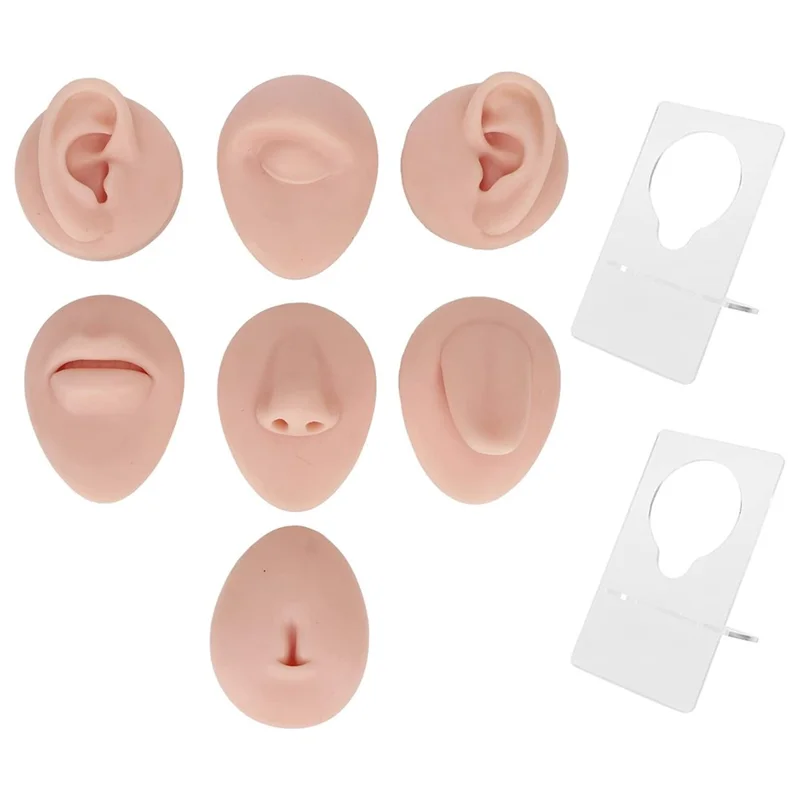 Silicone Piercing Body Model Soft Piercing Practice Model Simulation Ear Eye Nose Mouth Model Set with Display Rack - Medium Skin