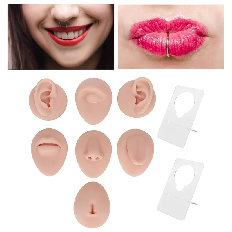 Silicone Piercing Body Model Soft Piercing Practice Model Simulation Ear Eye Nose Mouth Model Set with Display Rack - Medium Skin