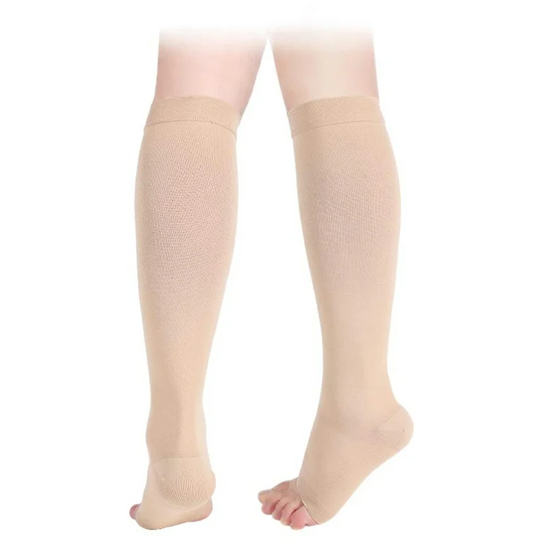 Size M 20-30mmHg Compression Calf Sleeve Breathable Open Toe Stockings for Varicose Veins, Skin Color