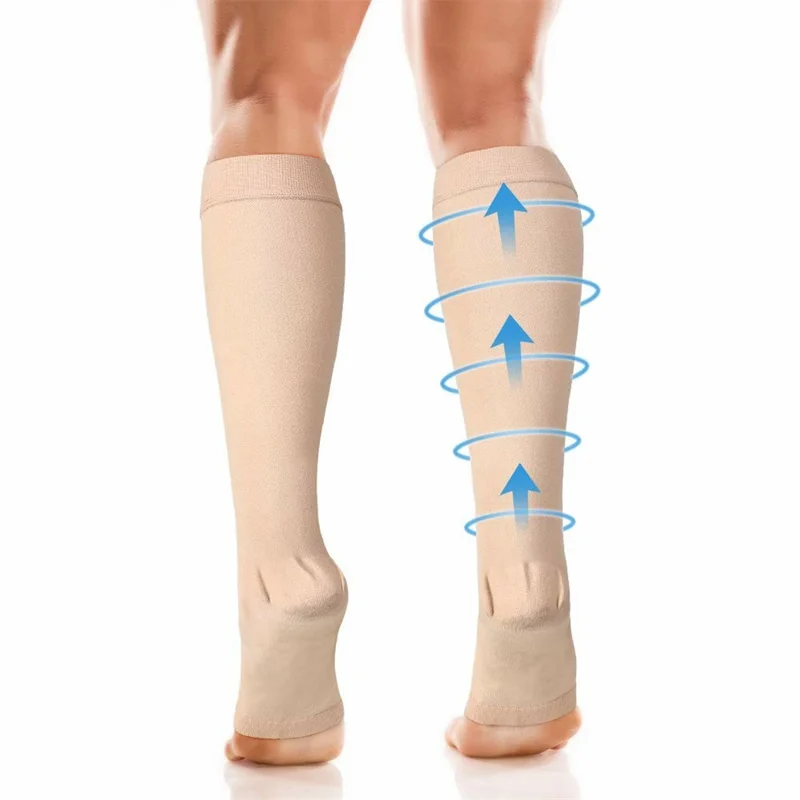 Size M 20-30mmHg Compression Calf Sleeve Breathable Open Toe Stockings for Varicose Veins, Skin Color