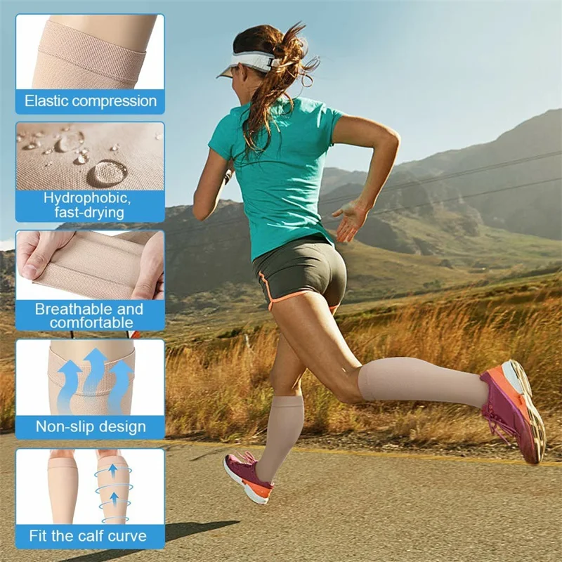 Size M 20-30mmHg Compression Calf Sleeve Breathable Open Toe Stockings for Varicose Veins, Skin Color