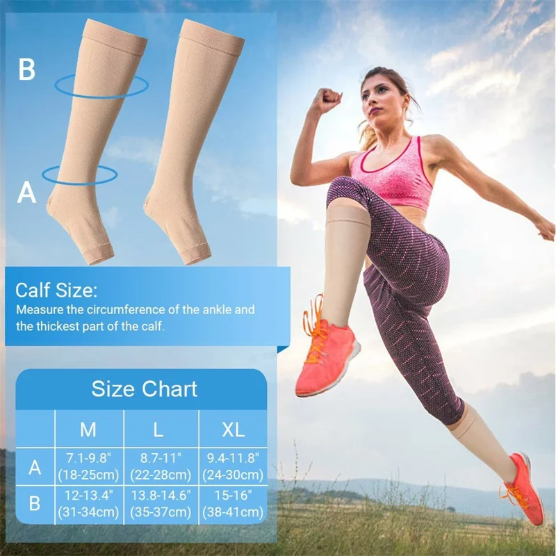 Size M 20-30mmHg Compression Calf Sleeve Breathable Open Toe Stockings for Varicose Veins, Skin Color