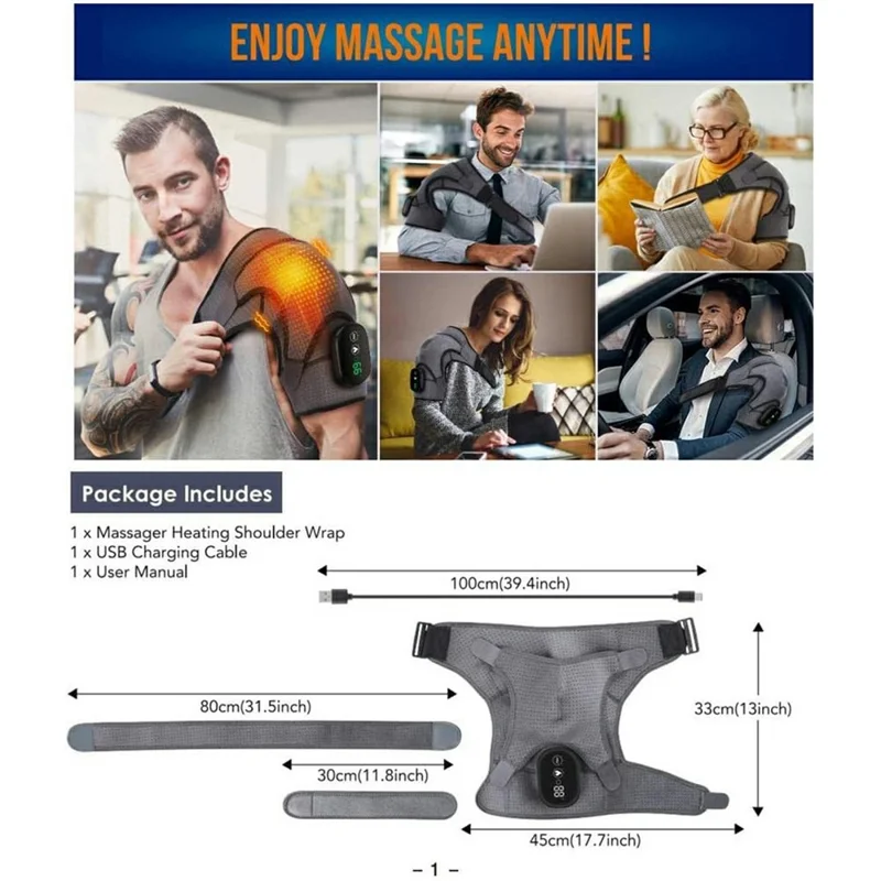 Upgraded Wireless USB Shoulder Massager 3 Levels Vibration LED Display Heat Therapy Shoulder Brace