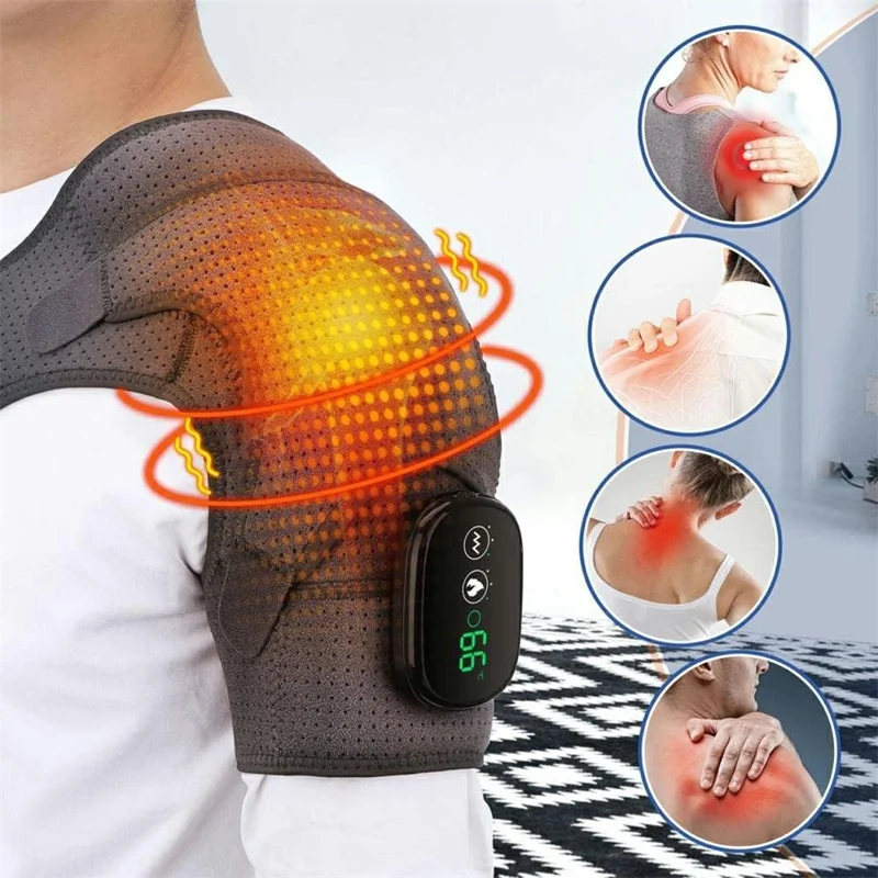 Upgraded Wireless USB Shoulder Massager 3 Levels Vibration LED Display Heat Therapy Shoulder Brace