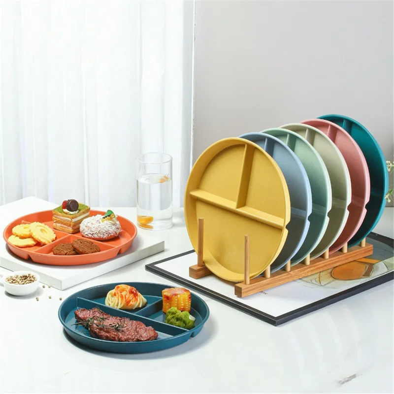 RY-0135 23cm Divided Dinner Plate Portion Control 3 Compartment Diet Plate Wheat Straw (BPA Free, No FDA) - Blue
