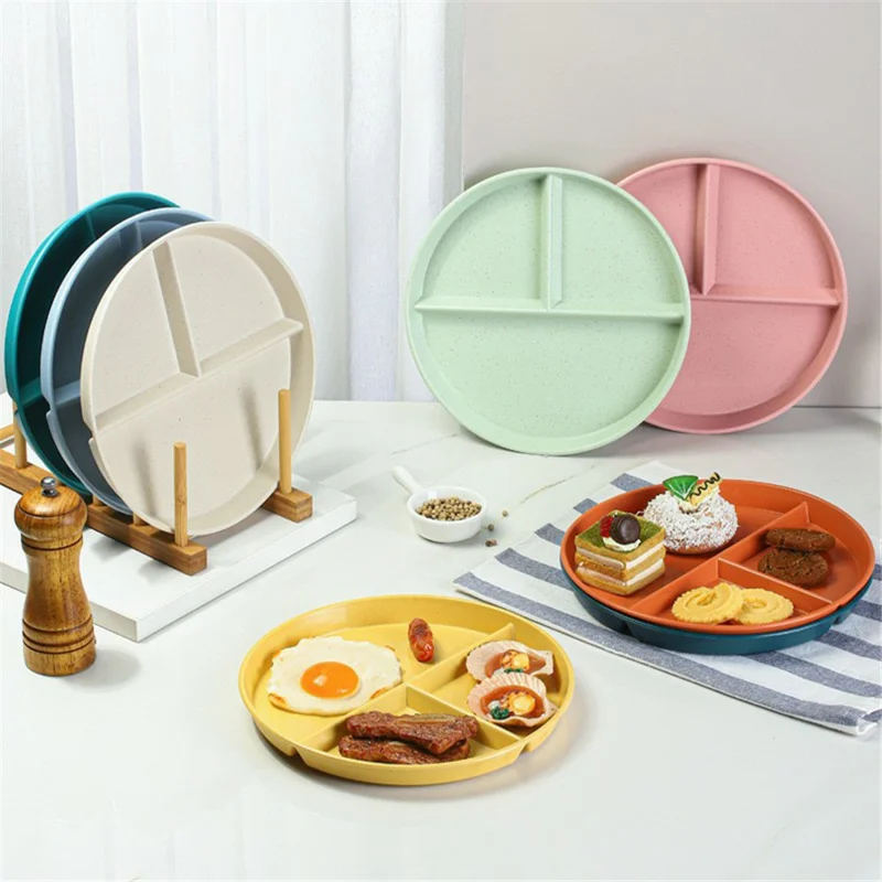 RY-0135 23cm Divided Dinner Plate Portion Control 3 Compartment Diet Plate Wheat Straw (BPA Free, No FDA) - Blue