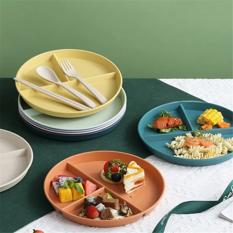 RY-0135 23cm Divided Dinner Plate Portion Control 3 Compartment Diet Plate Wheat Straw (BPA Free, No FDA) - Blue