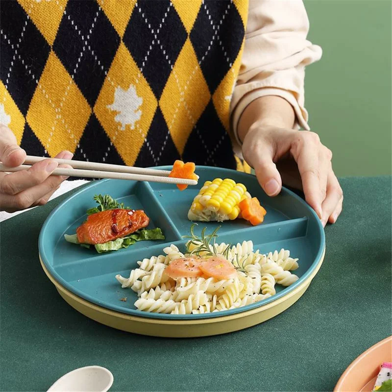 RY-0135 23cm Divided Dinner Plate Portion Control 3 Compartment Diet Plate Wheat Straw (BPA Free, No FDA) - Blue