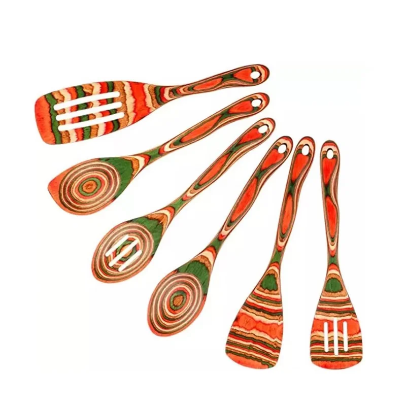 6 Pièces / Ensemble Ustensiles de Cuisine en Bois Résistants à la Chaleur, Colorés - Spatule et Louche avec Fentes (Sans BPA, Non FDA)