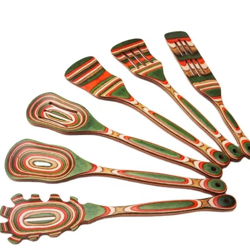 6 Pièces / Ensemble Ustensiles de Cuisine en Bois Résistants à la Chaleur, Colorés - Spatule et Louche avec Fentes (Sans BPA, Non FDA)