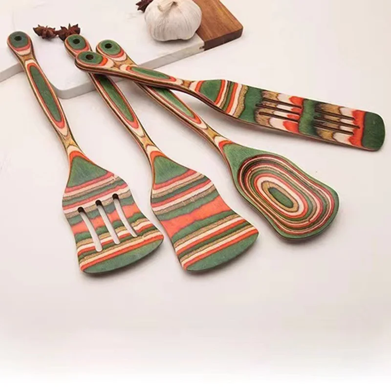 6 Pièces / Ensemble Ustensiles de Cuisine en Bois Résistants à la Chaleur, Colorés - Spatule et Louche avec Fentes (Sans BPA, Non FDA)