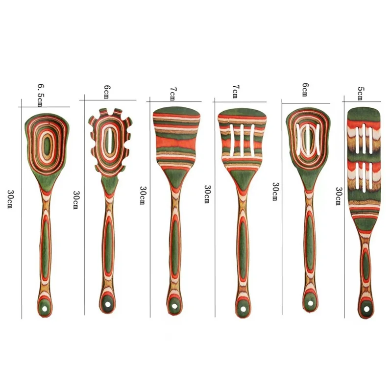 6 Pièces / Ensemble Ustensiles de Cuisine en Bois Résistants à la Chaleur, Colorés - Spatule et Louche avec Fentes (Sans BPA, Non FDA)