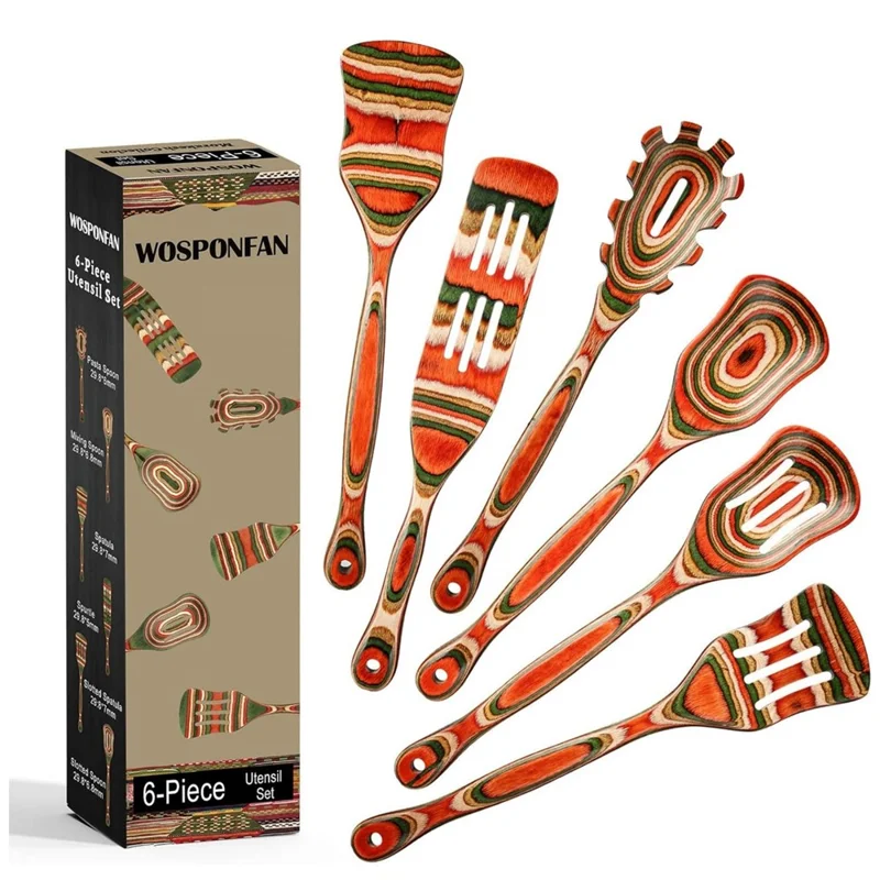 6 Pièces / Ensemble Ustensiles de Cuisine en Bois Résistants à la Chaleur, Colorés - Spatule et Louche avec Fentes (Sans BPA, Non FDA)