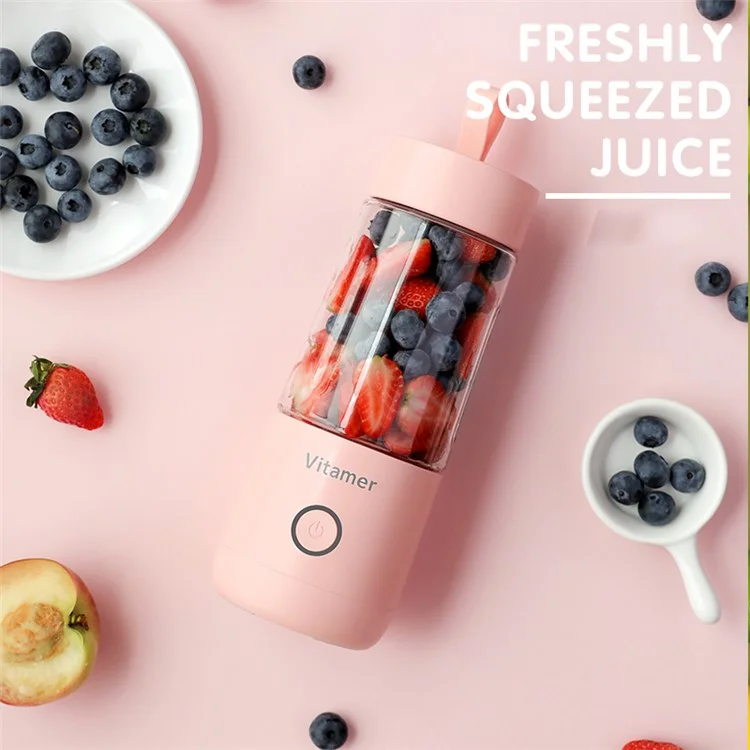 VITAMER 350ml Portable Electric Fruit Juicer USB Rechargeable Smoothie Blender Machine Kitchen Fruit Mixer Cup Juicing Cup - Pink